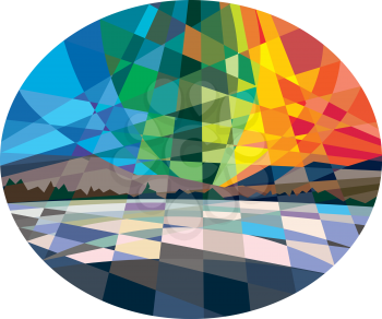 Low polygon style illustration of Northern lights or Aurora Borealis, a natural light display in the sky predominantly seen in the Arctic regions set inside oval shape.
