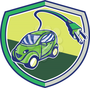 Illustration of a plug-in hybrid electric vehicle with electric plug coming out set inside shield crest done in retro style.