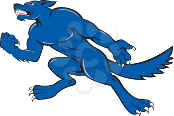 Illustration of an angry wild dog viewed from side clenching fist on isolated background done in cartoon style.