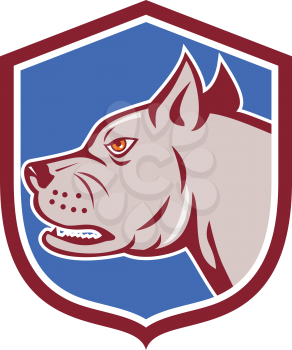 Illustration of an angry barking mastiff dog mongrel viewed from side set inside shield crest on isolated background done in cartoon style.
