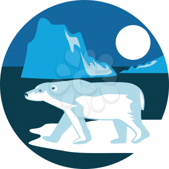 Illustration of a polar bear walking standing on ice viewed from the side with iceberg and moon in the background set inside circle shape done in retro style. 