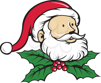 Cartoon style illustration of santa claus saint nicholas father christmas head looking to the with christmas holly set on isolated white background. 