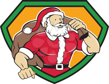 Cartoon style illustration of a muscular super santa claus saint nicholas father christmas  carrying sack over shoulder looking to the side set inside shield crest on isolated background. 