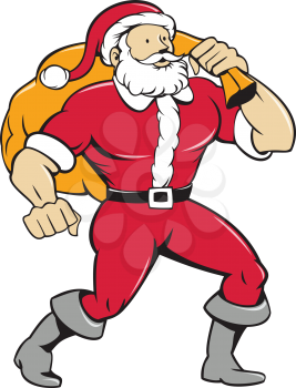 Cartoon style illustration of a muscular super santa claus saint nicholas father christmas  carrying sack over shoulder pose looking to the side set inside on isolated white background. 
