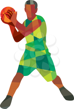 Low polygon style illustration of a basketball player holding ball in action facing front set on isolated white background. 