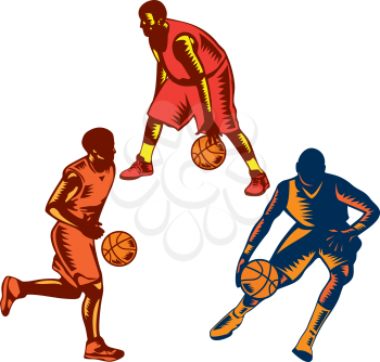 Illustration of a collection or set of basketball player dribble dribbling ball on isolated white background done in retro woodcut style.