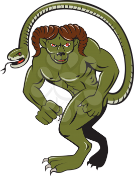 Illustration of Humbaba a monstrous giant with head a mountain goat ram and ending in a snake's head punching facing front done in cartoon style.