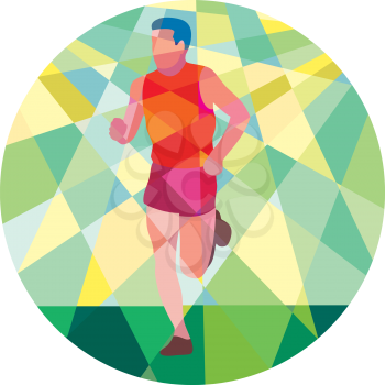 Low polygon style illustration of marathon triathlete runner running facing front set inside circle.