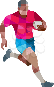 Low polygon style illustration of a rugby player holding ball running to the side set on isolated white background. 