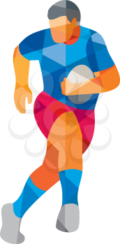 Low polygon style illustration of a rugby player holding ball running looking to the side set on isolated white background. 