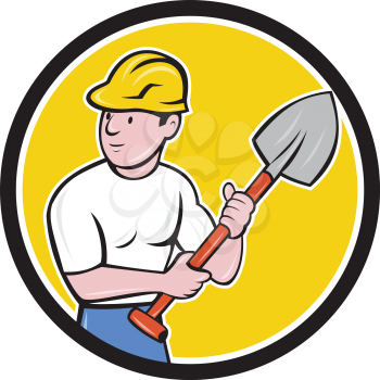 Illustration of a builder construction worker wearing hardhat holding spade looking to the side set inside circle on isolated background done in cartoon style. 