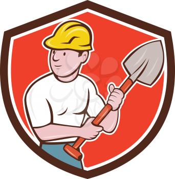 Illustration of a builder construction worker wearing hardhat holding spade looking to the side set inside shield crest on isolated background done in cartoon style. 