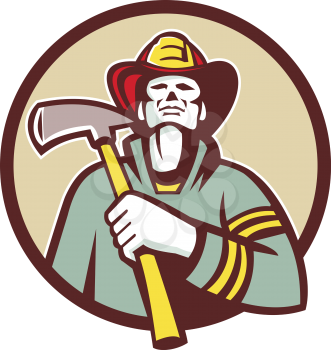 Illustration of a fireman fire fighter emergency worker looking up holding a fire axe on chest viewed from front set inside circle done in retro style.