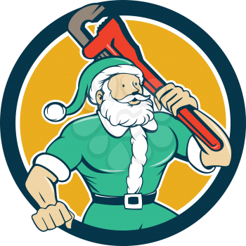 Illustration of a muscular santa claus saint nicholas father christmas carrying monkey wrench wearing green suit set inside circle on isolated background done in cartoon style. 