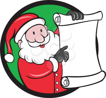 Illustration of santa claus saint nicholas father christmas smiling holding paper scroll pointing to the list set inside circle on isolated background done in cartoon style. 