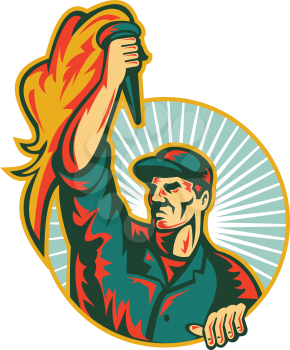 Illustration of a worker looking to the side holding up flaming torch viewed from front set inside circle with sunburst in the background done in retro style. 