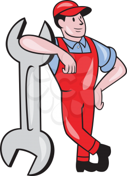 Illustration of a mechanic wearing hat and overalls looking to the side leaning on giant spanner wrench facing front on isolated white background done in cartoon style.