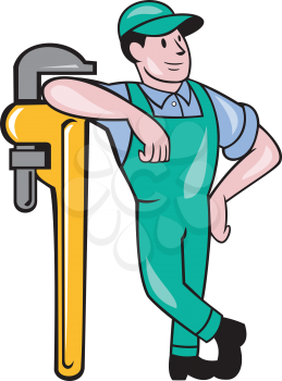 Illustration of a plumber in overalls and hat leaning on a giant monkey wrench looking to the side set on isolated white background done in cartoon style. 