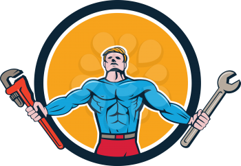 Cartoon style illustration of a superhero handyman holding spanner and monkey wrench standing looking up viewed from the front set inside circle set on isolated background. 