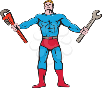 Cartoon style illustration of a superhero handyman  holding spanner and monkey wrench standing looking up viewed from the front set on isolated white background. 