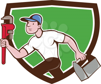 Illustration of a plumber wearing hat running carrying adjustable wrench and toolbox viewed from the side set inside crest shield on isolated background done in cartoon style. 