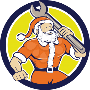 Illustration of santa claus saint nicholas father christmas mechanic carrying spanner wrench looking to the side set inside circle on isolated background done in cartoon style. 