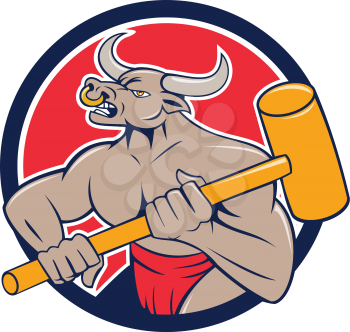 Illustration of a minotaur, mythological creature with the head of a bull and body of a man, holding a sledgehammer on isolated background done in cartoon style.