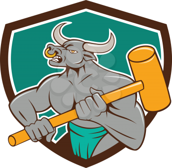 Illustration of a minotaur, mythological creature with the head of a bull and body of a man, holding a sledgehammer set inside shield crest on isolated background done in cartoon style.