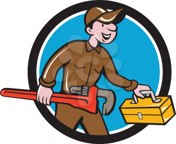 Illustration of a plumber in overalls and hat carrying monkey wrench and toolbox viewed from the side set inside circle on isolated background done in cartoon style. 