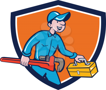 Illustration of a plumber in overalls and hat carrying monkey wrench and toolbox viewed from the side set inside shield crest on isolated background done in cartoon style. 