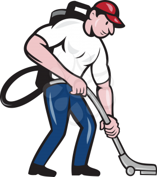 Illustration of a male commercial cleaner janitor worker with vacuum cleaner cleaning vacuuming looking down viewed from side on isolated background done in cartoon style.