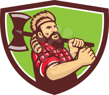 Illustration of lumberjack arborist tree surgeon carrying axe on shoulder set inside shield crest on isolated background done in retro style.
