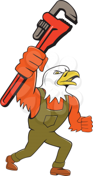 Illustration of an american bald eagle plumber holding monkey wrench looking to the side set on isolated white background done in cartoon style. 