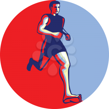 Illustration of barefoot marathon triathlete runner running otherwise known as natural running without footwear facing front viewed from low angle inside circle done in retro style.