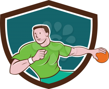 Illustration of a handball player throwing ball viewed from front set inside shield crest on isolated background done in cartoon style. 