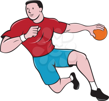 Illustration of a handball player throwing ball viewed from front set on isolated white background done in cartoon style. 
