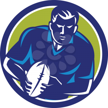 Illustration of a rugby player with ball running passing viewed from front set inside circle on isolated background done in retro style.