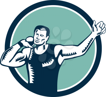 Illustration of a track and field shot put athlete ready to throw ball viewed from front set inside circle on isolated background done in retro woodcut style.