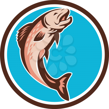 Illustration of a trout fish jumping  viewed from the side set inside circle on isolated background done in retro style. 