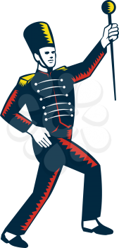 Illustration of a drum major marching band leader holding baton raising viewed from the side set on isolated white background done in retro woodcut style. 
