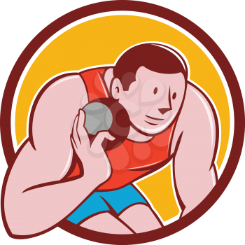 Illustration of a track and field shot put athlete ready to throw ball viewed from front set inside circle on isolated background done in cartoon style.