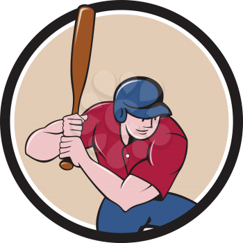 Illustration of an american baseball player batter hitter with bat batting viewed from high angle set inside circle done in cartoon style isolated on background.