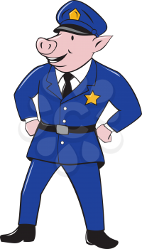 Illustration of a pig policeman police officer sheriff with hands on hips looking to the side viewed from front set on isolated white background done in cartoon style.