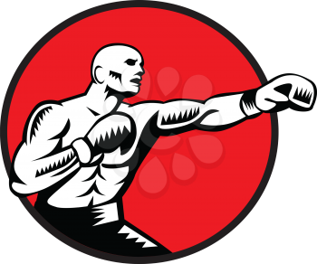 Illustration of a boxer wearing boxing gloves jabbing punching boxing viewed from the side set inside circle done in retro woodcut style. 