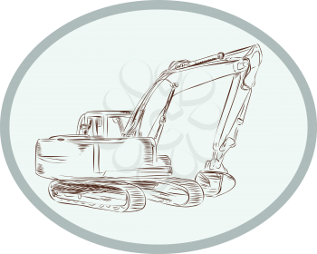 Etching engraving handmade style illustration of a construction digger mechanical excavator viewed from side set on isolated background. 