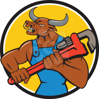 Illustration of a minotaur bull plumber in overalls holding adjustable wrench looking to the side set inside circle on isolated background done in cartoon style. 