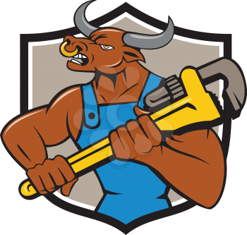 Illustration of a minotaur bull plumber in overalls holding adjustable wrench looking to the side set inside shield crest on isolated background done in cartoon style. 