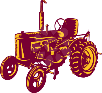 Illustration of a vintage farm tractor set on isolated white background done in retro woodcut style. 