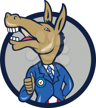 Illustration of a democrat donkey mascot of the democratic grand old party gop showing thumbs up looking to the side wearing american stars and stripes suit done in cartoon style set inside circle.