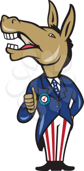 Illustration of a democrat donkey mascot of the democratic grand old party gop showing thumbs up looking to the side wearing american stars and stripes suit done in cartoon style on isolated white bac